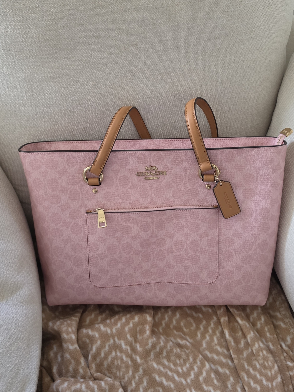 Coach Powder Pink Signature Tote with Tan Handles